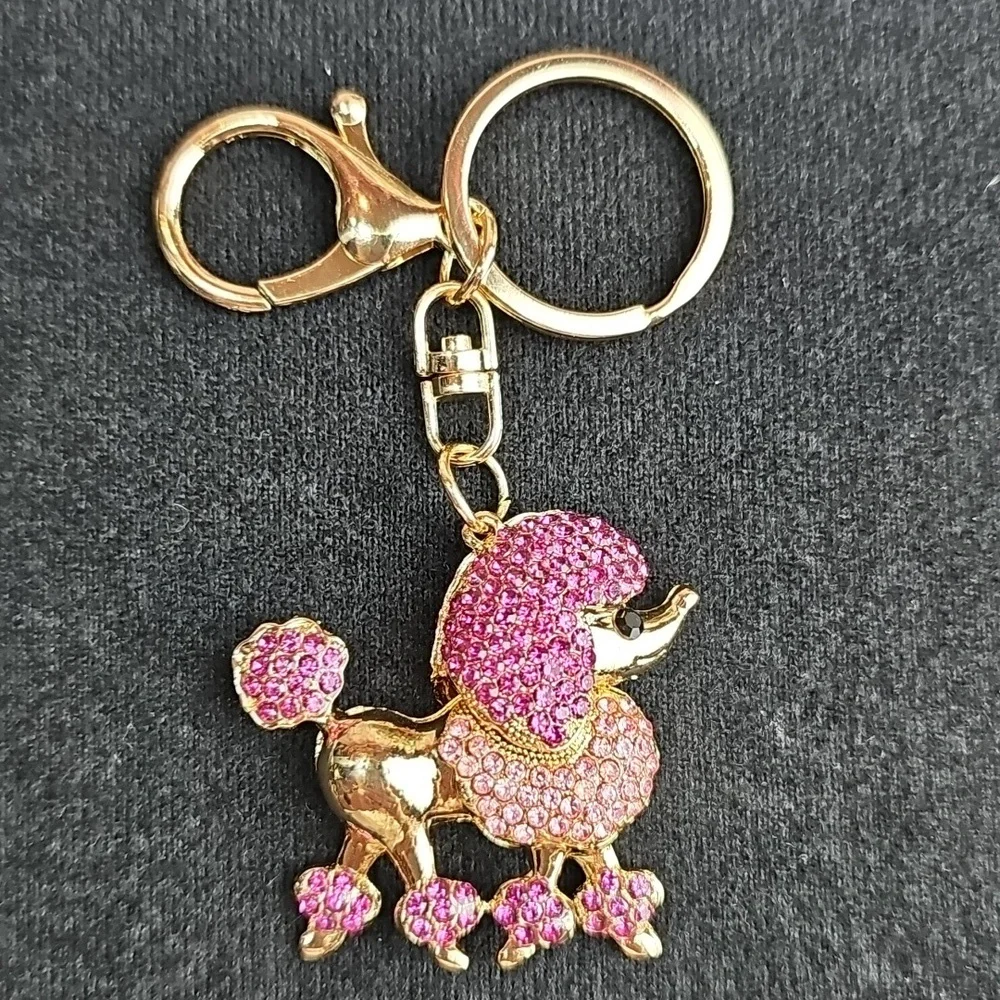 NEW PINK RHINESTONE POODLE KEYCHAIN BAG CHARM
